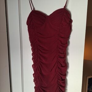Women's Burgundy Ruched Spaghetti Strap Dress